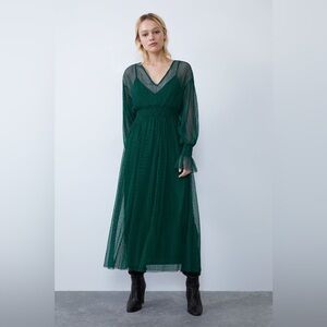 Zara | Swiss Dot Semi Sheer Midi Dress | Holiday/NYE | Green | Small
